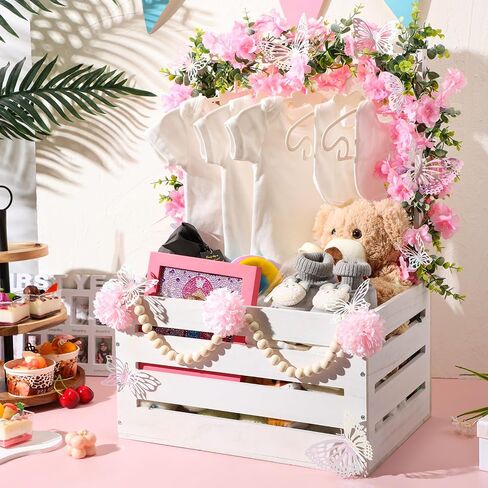 Juexica Wooden Baby Shower Crate Closet, Baby Basket with Handle Butterfly Eucalyptus Garland Wooden Bead Baby Hangers Large Letter, Butterfly Theme Wooden Crate for Pregnancy New Parent in Saudi Arabia