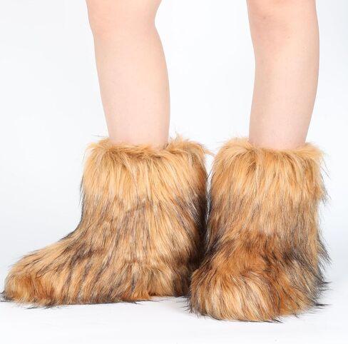 ZVC Women's Faux Fur Boots Furry Snow Boots Comfortable Fluffy Winter Boots Warm Fuzzy Mid-Calf Boots Outdoor Indoor Flat Shoes in Kuwait