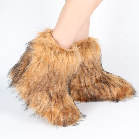 ZVC Women's Faux Fur Boots Furry Snow Boots Comfortable Fluffy Winter Boots Warm Fuzzy Mid-Calf Boots Outdoor Indoor Flat Shoes in Kuwait