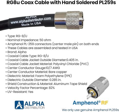 Alpha - 75ft RG8u RG8 Coax Cable with AMPHENOL PL259s Attached in Saudi Arabia