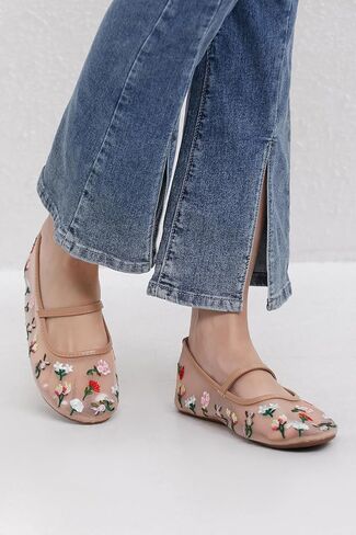 Mesh Flats for Women Mesh Ballet Flat Shoes for Dressy Office Ballerinas Mary Jane Flats with Embroidered in Saudi Arabia