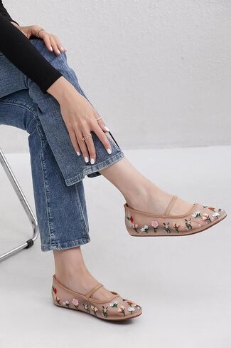 Mesh Flats for Women Mesh Ballet Flat Shoes for Dressy Office Ballerinas Mary Jane Flats with Embroidered in Saudi Arabia