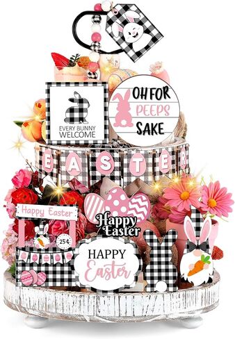 21 Pcs Easter Bunny Tiered Tray Decor, Farmhouse Tiered Tray Decorations, Happy Easter Bunny Carrots Buffalo Plaid Wooden Signs, Rustic Easter Rabbit Decor for Home Table Mantel Church Party in Saudi Arabia