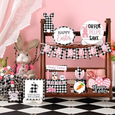 21 Pcs Easter Bunny Tiered Tray Decor, Farmhouse Tiered Tray Decorations, Happy Easter Bunny Carrots Buffalo Plaid Wooden Signs, Rustic Easter Rabbit Decor for Home Table Mantel Church Party in Saudi Arabia