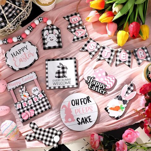 21 Pcs Easter Bunny Tiered Tray Decor, Farmhouse Tiered Tray Decorations, Happy Easter Bunny Carrots Buffalo Plaid Wooden Signs, Rustic Easter Rabbit Decor for Home Table Mantel Church Party in Saudi Arabia