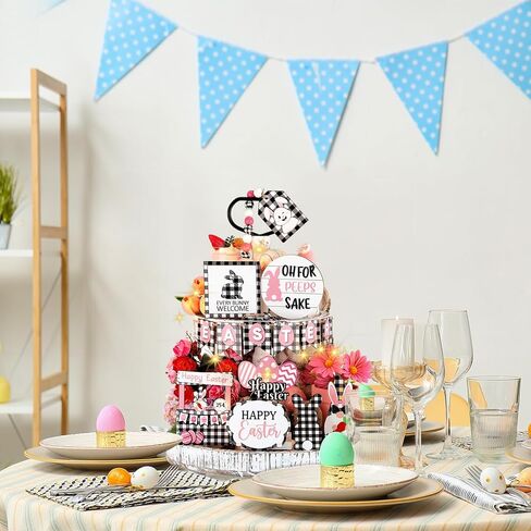 21 Pcs Easter Bunny Tiered Tray Decor, Farmhouse Tiered Tray Decorations, Happy Easter Bunny Carrots Buffalo Plaid Wooden Signs, Rustic Easter Rabbit Decor for Home Table Mantel Church Party in Saudi Arabia