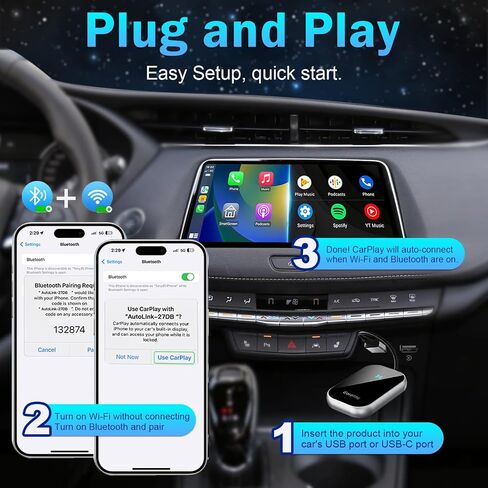 محول CarPlay لاسلكي 2 في 1/محول Android تلقائي لاسلكي، يحول CarPlay السلكي من المصنع إلى لاسلكي، يناسب السيارات من 2016 وما بعده، Apple iOS 10+ وAndroid Auto 11+ in Saudi Arabia