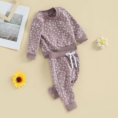 Mandizy Baby Girl Clothes Fall Winter Floral Print Outfit Long Sleeve Sweatshirt Tops and Elastic Waist Pants Set in Saudi Arabia