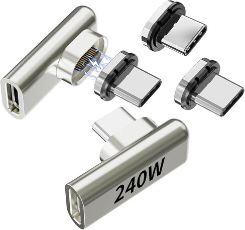 محول مغناطيسي USB C بقدرة 240 وات، 2 حزمة محولات مغناطيسية 90 درجة مع 4 موصلات، شحن سريع 24 سنًا بسرعة 40 جيجابت في الثانية 8K 60 هرتز لجهاز Thunderbolt 3/4، وMacBook Pro/Air/، والكمبيوتر المحمول، وiPhone 15Pro/Max in Kuwait