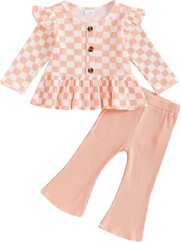 Toddler Baby Girls Outfits Ribbed Long Sleeve Ruffle Hem Tops + Flared Pants Sets 2Pcs Infant Fall Winter Clothes in Kuwait