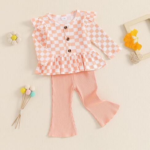 Toddler Baby Girls Outfits Ribbed Long Sleeve Ruffle Hem Tops + Flared Pants Sets 2Pcs Infant Fall Winter Clothes in Kuwait