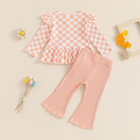 Toddler Baby Girls Outfits Ribbed Long Sleeve Ruffle Hem Tops + Flared Pants Sets 2Pcs Infant Fall Winter Clothes in Kuwait