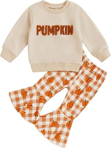 BemeyourBBs Toddler Baby Girl Fall Clothes Pumpkin Sweatshirt Flared Pants | Toddler Baby Girl Pumpkin Outfit 3M-5T, Sweatshirt Bell Bottom Pants for Fall Photos, Family Party, Halloween, Thanksgiving in Kuwait