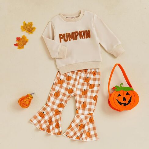 BemeyourBBs Toddler Baby Girl Fall Clothes Pumpkin Sweatshirt Flared Pants | Toddler Baby Girl Pumpkin Outfit 3M-5T, Sweatshirt Bell Bottom Pants for Fall Photos, Family Party, Halloween, Thanksgiving in Kuwait
