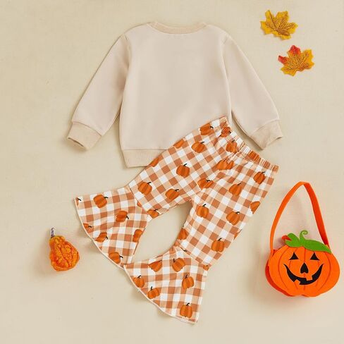 BemeyourBBs Toddler Baby Girl Fall Clothes Pumpkin Sweatshirt Flared Pants | Toddler Baby Girl Pumpkin Outfit 3M-5T, Sweatshirt Bell Bottom Pants for Fall Photos, Family Party, Halloween, Thanksgiving in Kuwait