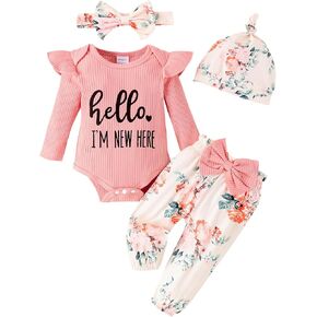 Newborn Baby Girl Clothes Coming Home Outfit Rib Knit Romper Floral Pant 4 Piece Clothing Set for Fall Winter