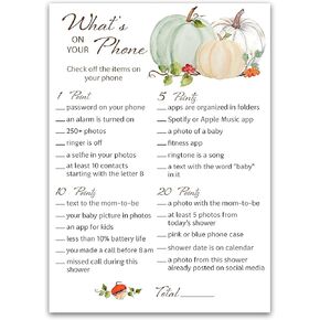 PUMPKINS Baby Shower Game — WHAT'S ON YOUR PHONE Baby Shower Game — Pack of 25 — LITTLE PUMPKIN Baby Shower Games, Fall Halloween Baby Shower Game, Baby Shower Activity, SKU G332-PHN