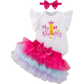 Winmany Baby Girl First Birthday Outfit 3PCS Bow Headband My 1st Birthday Romper Tutu Skirt Set for Cake Smash Photo Shoot