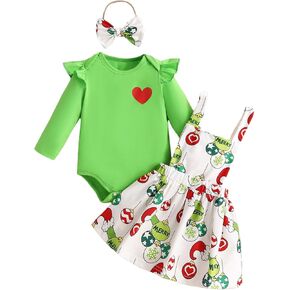 Honganda Infant Baby Girls 3Pcs Skirt Sets Green Flying Sleeve Romper Christmas Suspender Skirt with Headband