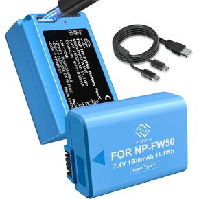 NP-FW50 Battery 2-Pack and 2 in 1 USB-C Charging Cable for Sony A6500/A6400/A6300/A6000/A5000/A5100/zv-e10/a7/a7II/a7R/a7RII/a7SII/a7S/A55/RX10/RX10II/RX10IV/NEX-3/5/7 Camera (1500mAh)