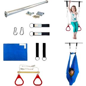 DreamGYM Doorway Sensory Swing Kit - Blue Compression Swing and Trapeze Bar with Red Gym Rings Combo