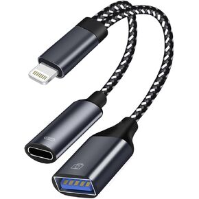 USB 3.0 OTG Adapter for iPhone To U Flash Driver, USB Camera Adapter Compatible with iPhone iPad, 2 in 1 USB OTG Adapter with Charging Port Connect Camera, Card Reader, USB Flash Drive, Keyboard