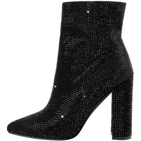 dollkiss Women's Pointed Toe Rhinestone Chunky Heel Ankle Boots