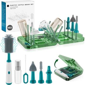 Electric Bottle Brush Cleaner,Baby Travel Essential 8 in 1 Baby Bottle Cleaner Kit with extendable Silicone Bottle Brush,Drying Rack,Soap Dispenser,Organizer Case,USB Waterproof bottle cleaner (Green)