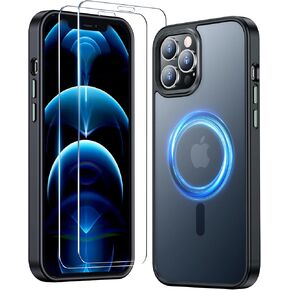 Temdan for iPhone 12 Case for iPhone 12 Pro Case with Magnetic[Compatible with MagSafe][Military Grade Drop Protection][Glass Screen Protector+Camera Lens Protector] Translucent Matte Case-Black