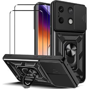 Case for Infinix Note 40 Pro 5G with Tempered Glass Screen Protector [2 Pack],Sliding Camera Window, Kickstand, Shock-Proof Anti-Scratch Dual-Layer Phone Cover, Black