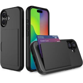for iPhone 16 Case with Card Holder,Credit Card Slot Protective Wallet Case - Black