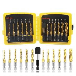 HSS Drill Tap Bit Set 13pcs,BeQell SAE/Metric Combination Drill Tap Kit,Titanium Coated Drill Bits with Quick Change Adapter for Drilling, Tapping, Deburring,Countersinking
