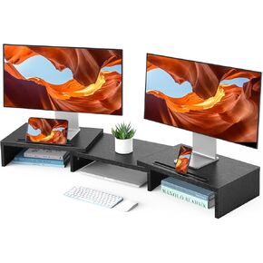 HUANUO Dual Monitor Stand Riser, Computer Monitor Stand for 2 Monitors, Adjustable Length Angle Desk Shelf with 2 Storage Slots, Desktop Organizer Stand Riser for Computer, Laptop, PC, TV, HNMS02