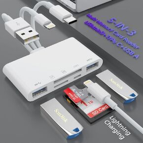 4 in 2 SD Card Reader for iPhone/iPad, [MFi Certified] USB C/Lightning to SD Card Adapter with SD TF Type-C USB 4 Slots, Camera Card Viewer Memory Card Reader for iPhone/iPad/Android/Plug and Play