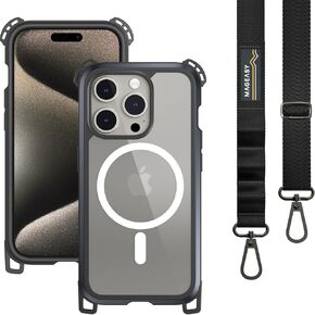 MAGEASY Case with Strap for Phone 15 Pro Max - Heavy Duty 16ft Drop Protection, 6.7" Crossbody Case with Lanyard, Compatible with MagSafe - Odyssey M + Strap | Embedded Metal Frame