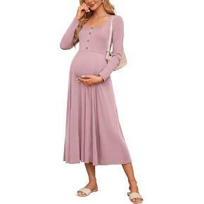 OUGES Women's Maxi Maternity Dress for Photoshoot Fall Long Sleeve Button Square Neck Baby Shower Pregnancy Dresses 2024