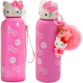 Hello Kitty 400 ml Insulated Water Bottle for Kids – Stainless Steel with 6-12h Heat Preservation with Sanrio Keychain (Pink)