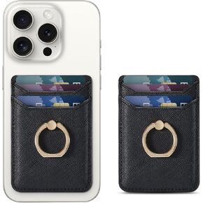 Credit Card Holder for Phone Case,Adhesive RFID Sticky wallet Attachment for Phone Case with Finger Ring Stand Stick on Most SmartPhone for iPhone&Galaxy&Google,Vegan Leather-Black