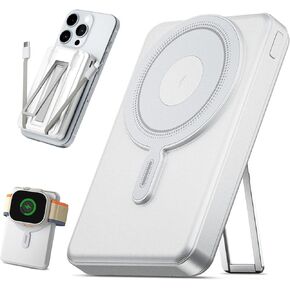 for Magsafe Battery Pack 10000mAh, Magnetic Wireless Portable Charger for Apple Watch, 5 in 1 Fast Charging Power Bank with Stand and Cables for iPhone 16 Pro Max/15/14/13/12 Mini(White)