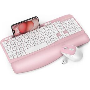 Wireless Keyboard and Mouse Combo, EAYBLLY Wave Keys Wireless Ergonomic Keyboard with Cushioned Wrist Rest, Phone Holder, 2.4GHz Silent Cordless Keyboard Mouse Set for Computer, Laptop, PC, Windows