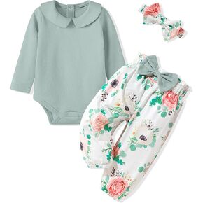 Crazyme Newborn Baby Girl Clothes Solid Color Romper Floral Pants with Bow and Headband 3pcs Newborn Girl Outfits 0-12 M