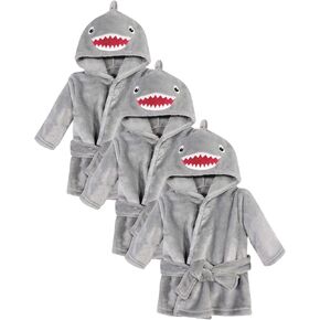 Hudson Baby Unisex Baby Plush Animal Face Bathrobe, Shark, 0-9 Months (Pack of 3)