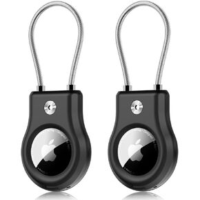 FlyCoco Compatible with Apple AirTag Secure Holder, 2 Pack AirTag Lock Case Keychain Holder with Wire Cable, Anti-Lost Protective Case with Keyring for Luggage Key Backpack Dog Collar, Black