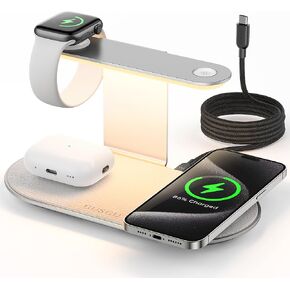 GUSGU 3 in 1 Charging Station with Three-Level Night Light, 15W Max Fast Charging, Wireless Charger for iPhone 15/14/13/12, iWatch S1-8/Ultra, AirPods(30W USB-C Charger Included)