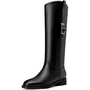 Castamere Women Riding Knee High Boots Round Toe Slip-on Metal Buckle Tall Boots for Women Calf Fashion Dress Long Boots 1.4 Inches Heels