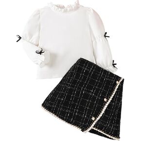 Toddler Baby Girl Two Piece Fall Outfits Puff Sleeve Ruffled Collar Shirt Top+Tweed Plaid Skirt Kids Girls Clothes