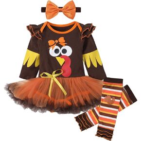 KANGKANG Thankgiving Outfits Baby Girls My First Thanksgiving Turkey Tutu Romper + Leg Warmers + Headband 3PC Outfits Set