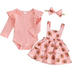 Infant Girl Halloween Clothes Ruffle Sleeve Romper Bat/Pumpkin/Ghost Embroidery Suspender Skirt Overall Headband Set