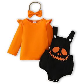 Newborn Baby Girls Halloween First Outfit Long Sleeve Top+ Pumpkin Ghost Printing Suspender Romper+ Headband