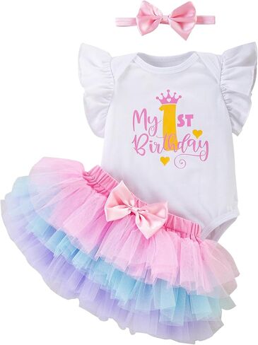 Winmany Baby Girl First Birthday Outfit 3PCS Bow Headband My 1st Birthday Romper Tutu Skirt Set for Cake Smash Photo Shoot in Kuwait